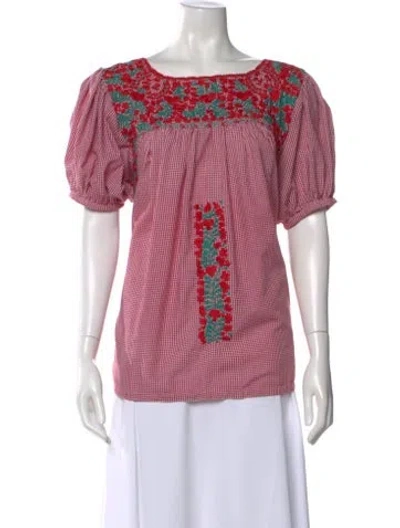 Pre-owned Mi Golondrina Plaid Print Square Neckline Blouse In Red