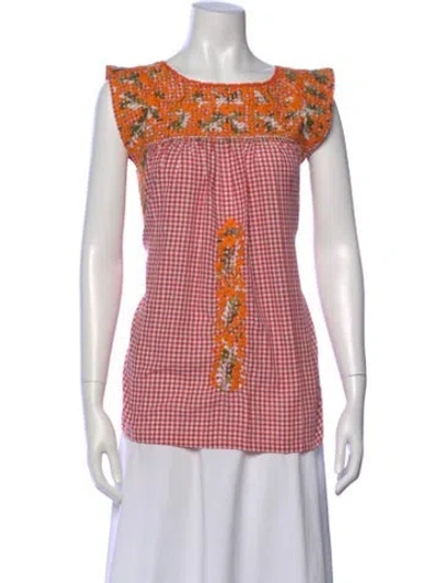 Pre-owned Mi Golondrina Plaid Print Square Neckline Blouse In Red