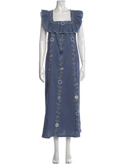 Pre-owned Mi Golondrina Square Neckline Long Dress In Blue