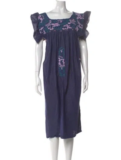 Pre-owned Mi Golondrina Square Neckline Midi Length Dress In Blue