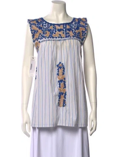 Pre-owned Mi Golondrina Striped Scoop Neck Blouse In Blue