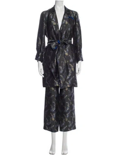 Pre-owned Mi Jong Lee Floral Print Pantsuit In Blue