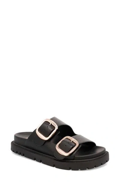 Mia Alttar Slide Sandal In Black W/ Gold Buckles
