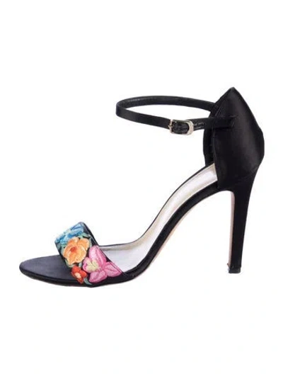 Pre-owned Mia Becar Embroidered Accent. Satin Sandals In Black