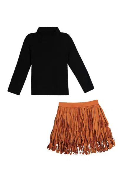 Mia Belle Girls Kids'  Pumpkin Patch Turtleneck Top And Fringe Skort Set In Black