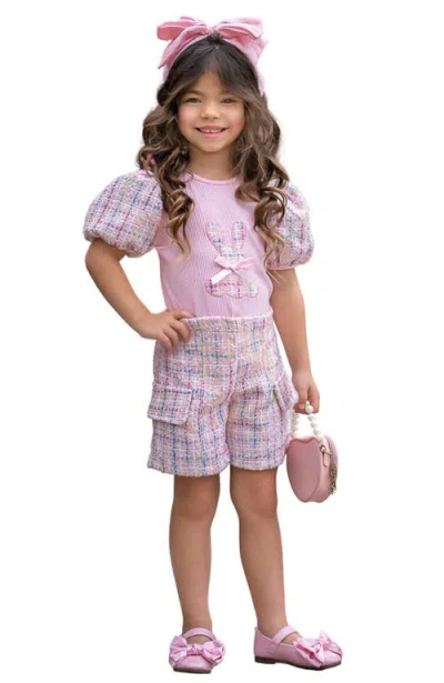 Mia Belle Girls Kids'  Chic Embroidered Bunny Top And Tweed Girls Short Set In Pink
