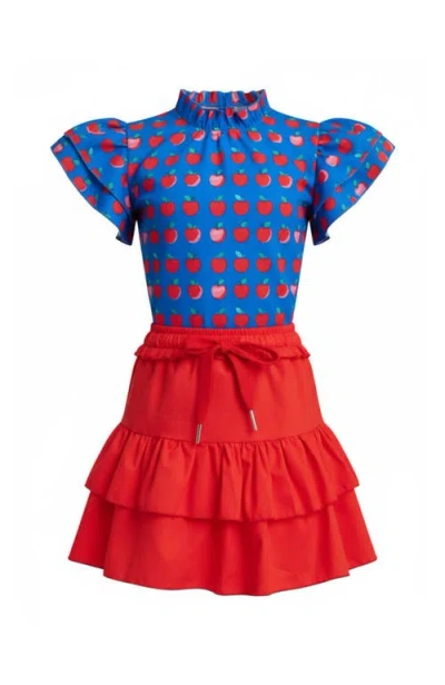 Mia Belle Girls Kids'  Classic Charm Apple Dot Flutter Top And Skirt Set In Red
