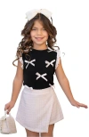 Mia Belle Girls Girls Black Bow Ribbed Top And Cream Tweed Skort Set In Black