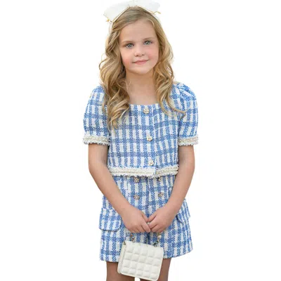 Mia Belle Girls Kids'  Girls Blue Gingham Puff Sleeve Tweed Top And Short Set