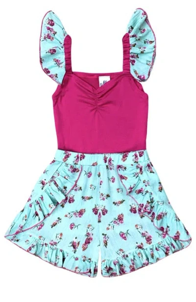 Mia Belle Girls Kids'  Girls Fuchsia Floral Ruffle Top And Mint Blossom Shorts Set In Pink