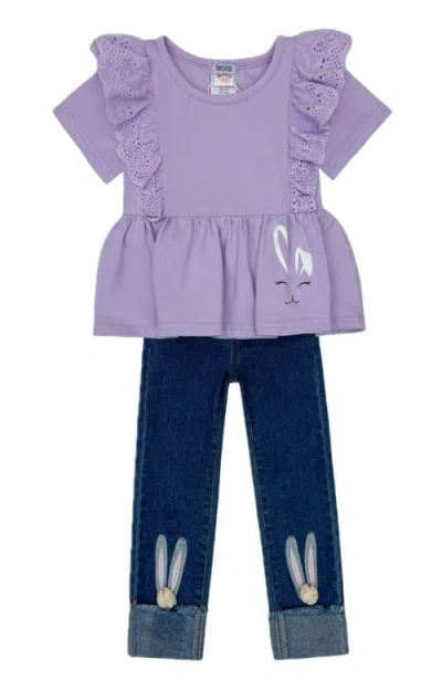 Mia Belle Girls Kids'  Girls Lilac Love Bunny Top And Embroidered Denim Set