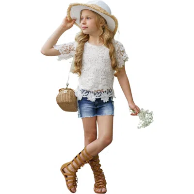 Mia Belle Girls Kids'  Girls Lovely In Lace Denim Shorts Set In Beige