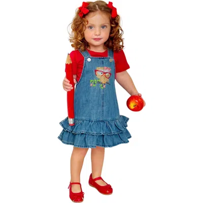 Mia Belle Girls Kids'  Girls Owl Denim Overall Dress Set In Red