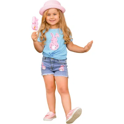 Mia Belle Girls Kids'  Girls Pencil Stripe Bunny Tail Denim Shorts Set In Blue