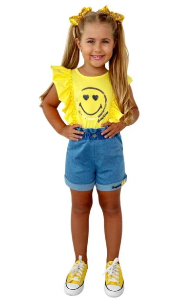 Mia Belle Girls Kids'  Girls Smileyworld Bold Expression Denim Shorts Set In Yellow