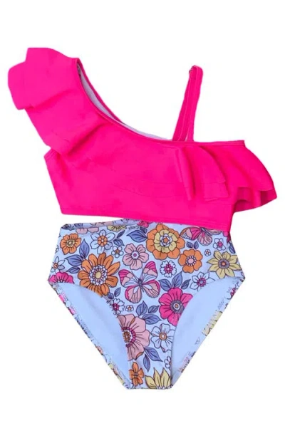 Mia Belle Girls Kids'  Girls Tropical Bloom One-shoulder One-piece Swimsuit In Pink