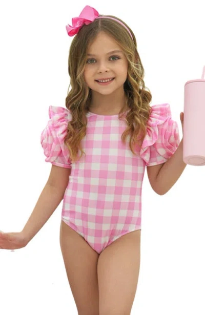 Mia Belle Girls Kids'  Girly Gingham Rose Shoulder One Piece Swimsuit In Pink