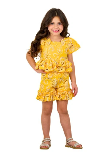 Mia Belle Girls Kids'  Golden Bloom Eyelet Puff Sleeve Top And Ruffle Girls Shorts Set In Yellow
