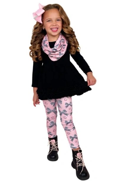 Mia Belle Girls Kids'  Heart And Soul Tunic, Scarf And Bows Legging Set In Black