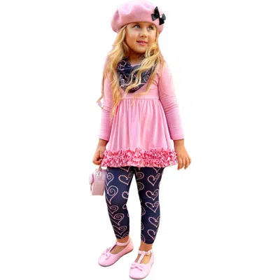 Mia Belle Girls Kids' Hugs And Heart Fashion Tunic, Scarf And Legging Set In Pink