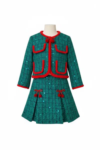 Mia Belle Girls Kids'  Made For Fashionistas Holiday Blazer And Skirt Set In Green
