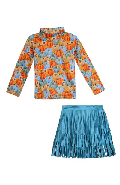 Mia Belle Girls Kids'  Pumpkin Patch Turtleneck Top And Fringe Skort Set In Multi