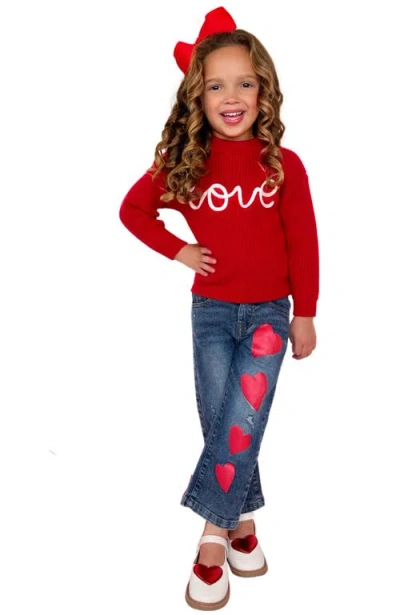 Mia Belle Girls Kids'  Red Love Sweater And Heart Denim Pant Set