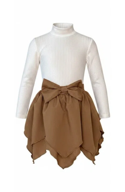 Mia Belle Girls Kids'  Ribbed Long Sleeve Top And Hankerchief Skirt Set In Brown