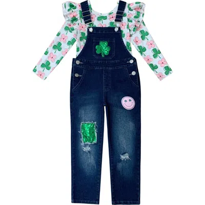 Mia Belle Girls Kids'  Sparkling In Style Sequin Patched Denim Overall Set In Blue