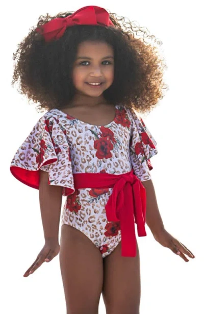 Mia Belle Girls Kids'  Spots And Petals Flare Sleeve One Piece Swimsuit In Red
