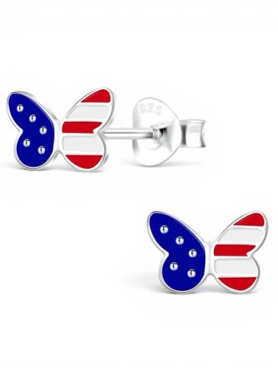 Mia Belle Girls Kids'  Sterling Silver Usa Flag Butterfly Stud Earrings In Metallic