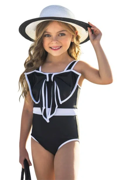 Mia Belle Girls Kids'  Sun-kissed Elegance Statement Bow Black One Piece Swimsuit