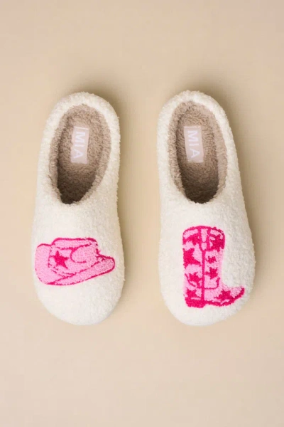 Mia Cozi Pink And Cream Cowboy Boot Shearling Slippers