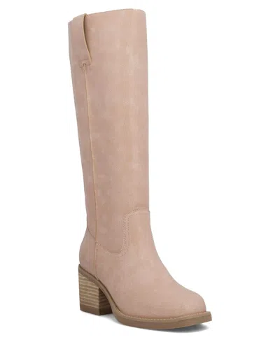 Mia Erick Faux Leather Knee-high Square Toe Block Heel Boots In Pink