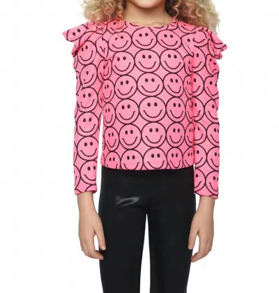 Mia Kids' Girls' Smiley Puff Long Sleeve Top In Neon Pink