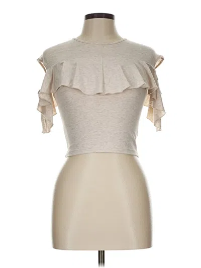 Pre-owned Mia Joy Short Sleeve Top Tan Ruffles Neckline Tops In Brown