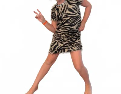 Mia Kid's Tiger Short Sleeve Fringe Dress In Brown In Multi