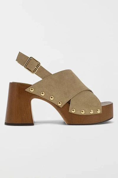 Mia Shoes Mia Eudora Suede Slingback Wooden Platform Sandal In Sand, Women's At Urban Outfitters In Neutral
