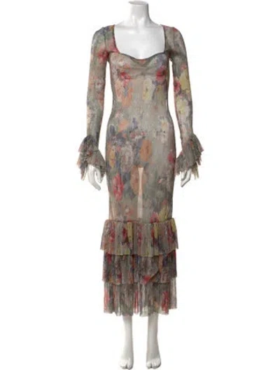 Pre-owned Mia Vesper Floral Print Midi Length Dress In Neutrals