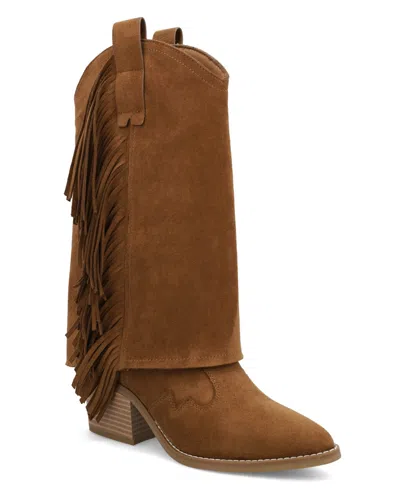 Mia Women's Cordell Fringe Pointed Toe Block Heel Boots In Cognac