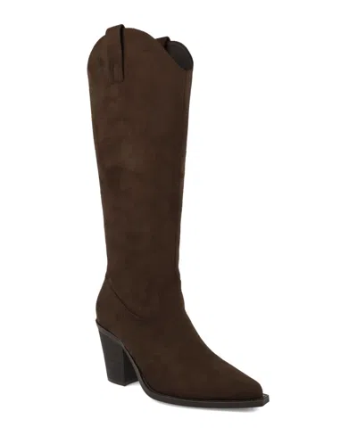 Mia Women's Messini Stacked Heel Pointed Toe Tall Boots In Chocolate