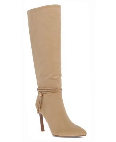 Mia Women's Niko Tie-detail Pointed Toe Faux Leather Knee-high Boots In Beige