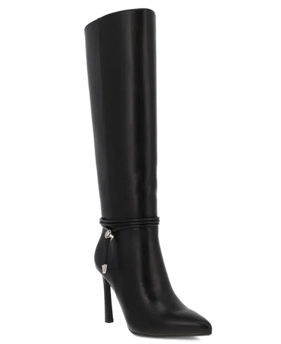 Mia Women's Niko Tie-detail Pointed Toe Faux Leather Knee-high Boots In Black