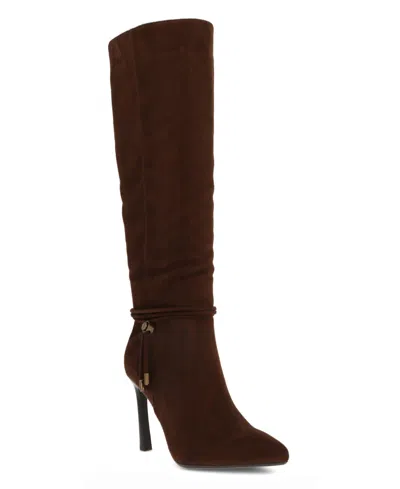 Mia Women's Niko Tie-detail Pointed Toe Faux Leather Knee-high Boots In Chocolate