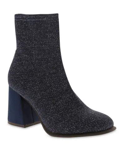 Mia Women's Piana Block Heel Knit Sock Booties In Navy,silver Shimmer