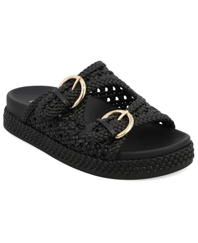 Mia Women's Trendy Woven Double Buckle Slide Sandals In Black