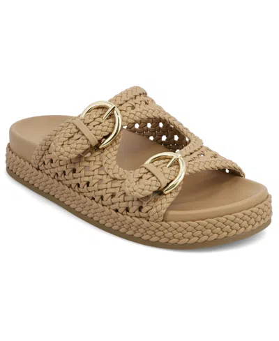 Mia Women's Trendy Woven Double Buckle Slide Sandals In Brown