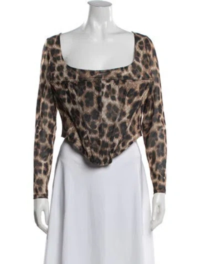 Pre-owned Miaou Animal Print Square Neckline Crop Top In Brown
