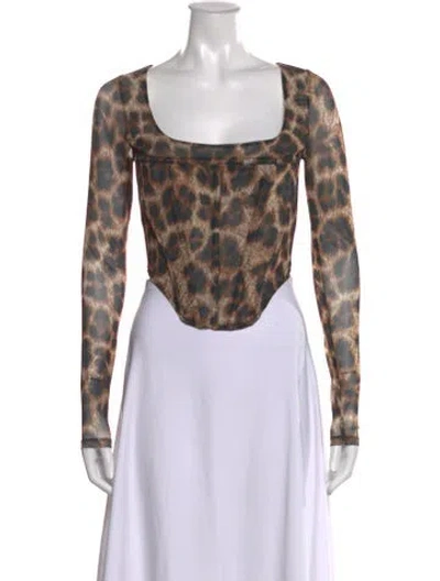 Pre-owned Miaou Animal Print Square Neckline Crop Top W/ Tags In Brown
