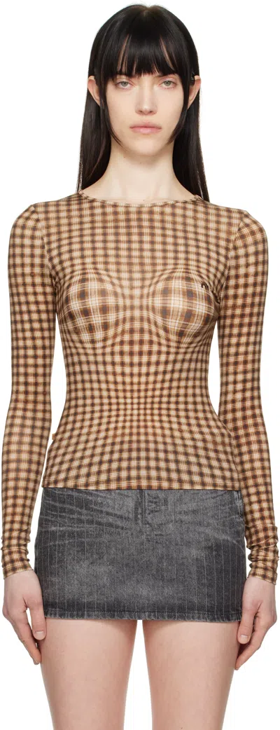 Miaou Brown Long Sleeve T-shirt In Warped Plaid